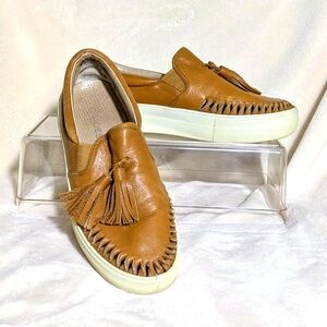 Women's J/SLIDES Aztec Woven Tassel Leather Sneakers, Camel Brown, Casual Sz 9